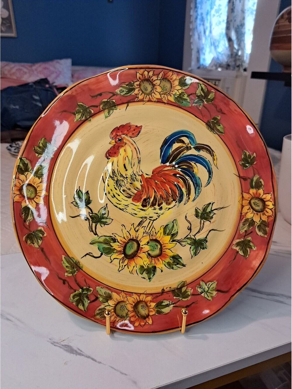 Hand-Painted Ceramic Dinner Plate Red Rooster Collection by Maxcera 10.5"
